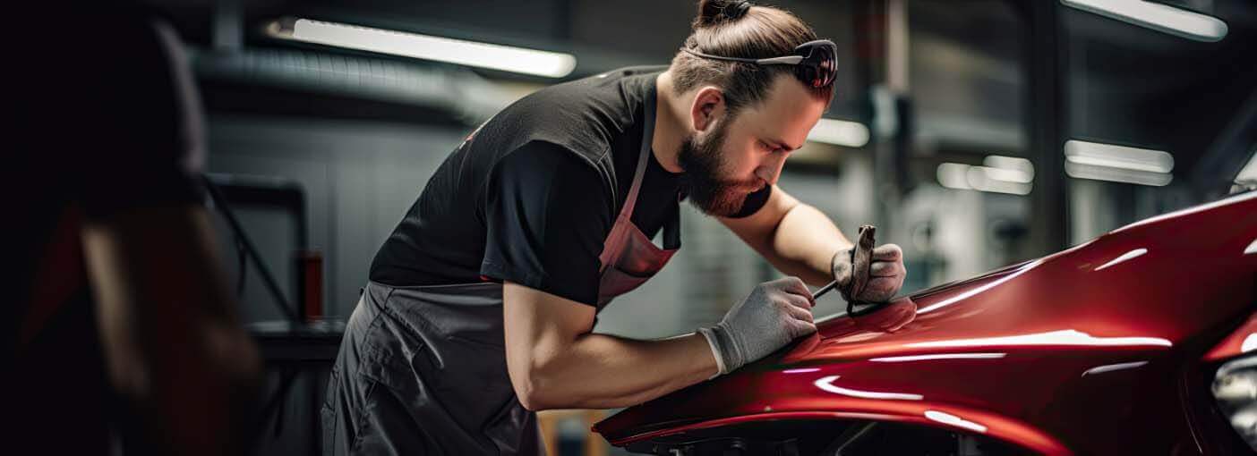 Person working on repairing a dent in a vehicle