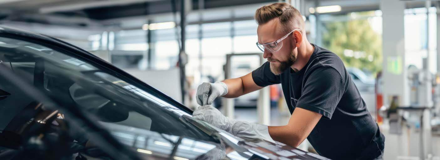 Person working on the windshield of vehicle