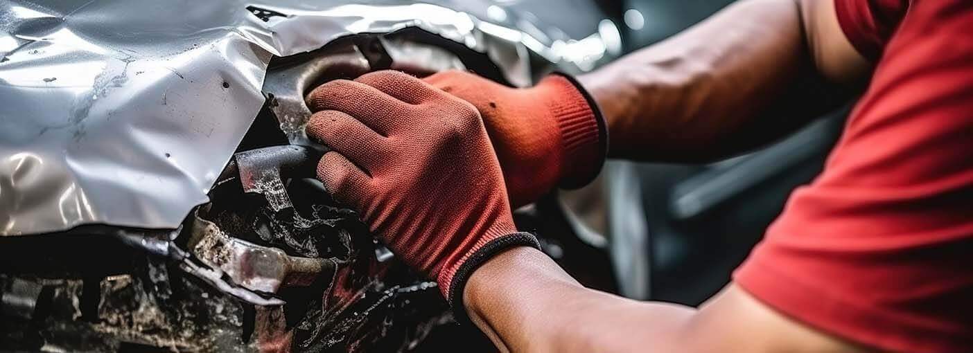 Person working on damaged vehicle